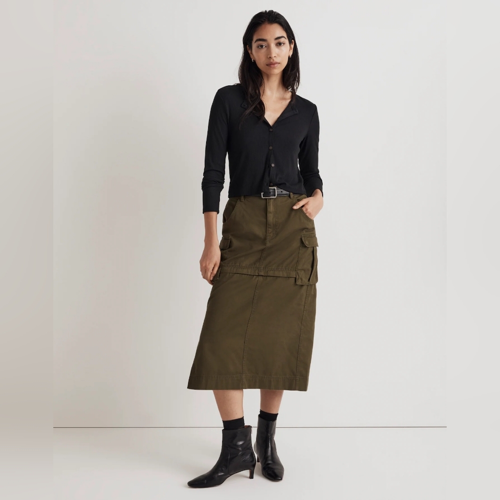 Madewell Cotton Cargo Convertible Midi Skirt in (Re)generative Chino In Loden XL - Picture 1 of 12